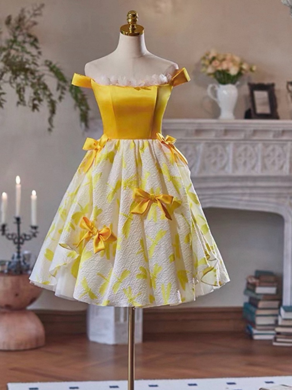 Yellow Off Shoulder Bow Jacquard Princess Dress Size L NWT